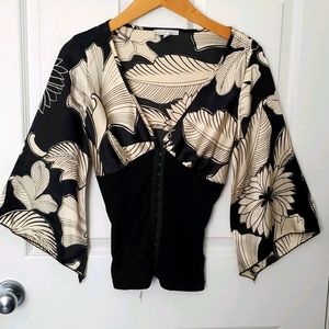 Black and cream floral top with faux corset waist